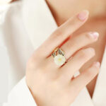 Buddha Stones 925 Silver Plated Copper White Jade Plum Flower Leaf Luck Ring Rings BS 9