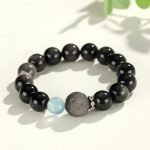 Buddha Stones Natural Silver Sheen Obsidian Cat Head Fox Planet Protection Bracelet Bracelet BS Silver Sheen Obsidian Planet(Wrist Circumference 14-16.5cm)