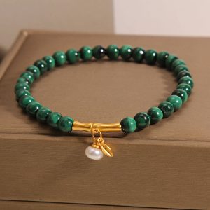 Buddha Stones Natural Malachite Pearl Lucky Bamboo Anti-Anxiety Bracelet Bracelet BS Malachite Lucky Bamboo Bracelet(Wrist Circumference: 14-16cm)
