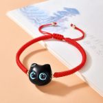 Buddha Stones Ebony Wood Cat Head Pattern Peace King Kong Knot Braided Bracelet Bracelet BS Red Rope(Wrist Circumference 14-18cm)