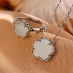 Buddha Stones 925 Sterling Silver Plated Gold Natural Hetian Jade Flower Luck Necklace Pendant Ring Set Bracelet Necklaces & Pendants BS 2Pcs Silver(Necklace&Ring)