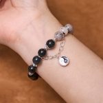 Buddha Stones Silver Sheen Obsidian Crackle Clear Quartz Black Rutilated Quartz Yin Yang Lotus Protection Bracelet Bracelet BS 16