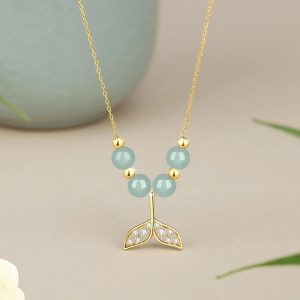 Buddha Stones 925 Sterling Silver Hetian Jade Bead Fishtail Luck Necklace Pendant Necklaces & Pendants BS Hetian Jade