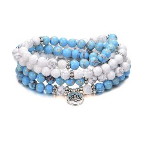 108 Mala Beads White Turquoise Emperor Stone Lotus Blessing Bracelet Bracelet Mala BS White Turquoise&Emperor Stone