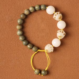 Buddha Stones Natural Green Sandalwood Bodhi Seed Cat Paw Claw Cure Bracelet Bracelet BS Green Sandalwood&Bodhi Seed(Wrist Circumference 14-15cm)
