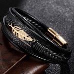 Buddha Stones Feather Pattern Multilayer Leather Titanium Steel Calm Braided Magnetic Buckle Bracelet Bracelet BS 2