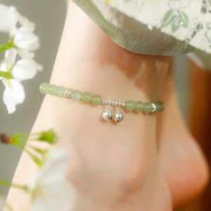 Buddha Stones 925 Sterling Silver Natural Hetian Jade Prosperity Bell Charm Anklet Anklet BS Jade (Prosperity ♥ Abundance)