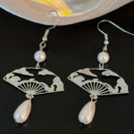 Buddha Stones Copper Fan Auspicious Clouds Pearl Healing Drop Earrings 2