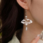 Buddha Stones Copper Fan Auspicious Clouds Pearl Healing Drop Earrings 10