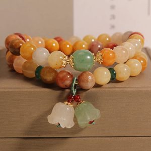 Buddha Stones Tibet Natural Golden Silk Jade Double Layer Bell Orchid Luck Bracelet Bracelet BS Gold Silk Jade Double Layer Bell Orchid Bracelet(Wrist Circumference: 14-15cm)