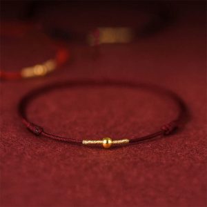Buddha Stones 925 Sterling Silver Golden Bead Protection Braided Rope Bracelet Anklet Bracelet BS Dark Red Anklet Circumference 21-27cm