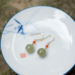 Buddha Stones 925 Sterling Silver 14K Gold Plated Hetian Jade Red Agate Luck Drop Dangle Earrings Earrings BS 5