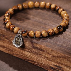 Buddha Stones 925 Sterling Silver Natural Golden Sea Willow Zakiram Goddess of Wealth Lucky fortune Fu Character Success Bracelet 1