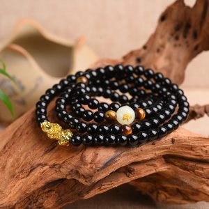 Buddha Stones Chinese Zodiac Obsidian PiXiu Protection Mala Bracelet Bracelet BS 8mm-Pig