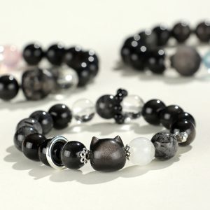 Buddha Stones Natural Silver Sheen Obsidian Cat Head Fox Planet Protection Bracelet Bracelet BS main