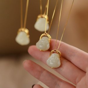 Buddha Stones 925 Sterling Silver Natural Hetian Jade Laughing Buddha Abundance Chain Necklace Pendant Necklaces & Pendants BS Hetian Jade(Prosperity♥Abundance)