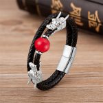 Buddha Stones Double Dragon Head Leather Stone Titanium Steel Success Bracelet (Extra 35% Off | USE CODE: FS35) Bracelet BS Silver Red Bead