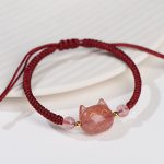 Buddha Stones Handmade Natural Silver Sheen Obsidian Strawberry Quartz Cute Cat Protection Braided Bracelet Bracelet BS 8