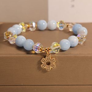 Buddha Stones Natural Aquamarine Flower Healing Crystal Bracelet Bracelet BS Aquamarine Bracelet(Wrist Circumference: 14-16cm)