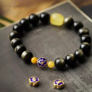 Buddha Stones 925 Sterling Silver Chinese Zodiac Natal Buddha Natural Gold Sheen Obsidian Amber Wealth Protection Bracelet Bracelet BS Dog/Pig-Amitabha Buddha