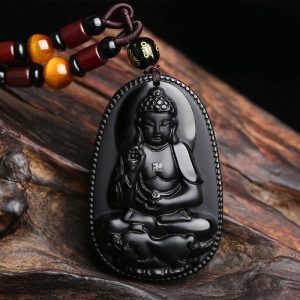 Buddha Stones Chinese Zodiac Natal Buddha Natural Black Obsidian Purification Necklace Pendant Necklaces & Pendants BS Pig-Amitabha Buddha