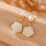Buddha Stones 925 Sterling Silver Plated Gold Jade Rose Flower Cyan Jade Pearl Luck Earrings Earrings BS Hetian Jade Pearl