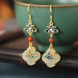 Buddha Stones Lucky Four Leaf Clover Jade Abundance Copper Earrings Earrings BS Jade