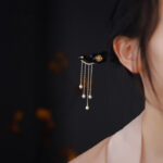 Buddha Stones Ebony Wood Yellow Flower Pearl Tassels Hairpin Hairpin BS 1