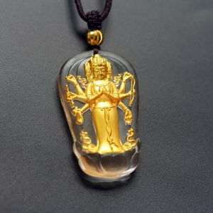 Buddha Stones Tibetan Eight-armed Avalokitesvara Guanyin Buddha Gold Plated Liuli Crystal Wealth Necklace Pendant Necklaces & Pendants BS Avalokitesvara(Wealth♥Success)