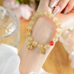 Buddha Stones Natural Golden Rutilated Quartz Fu Character Charm Bell Wealth Bracelet Bracelet BS Rutilated Quartz(Auspiciousness♥Courage)(Wrist Circumference 14-16cm)