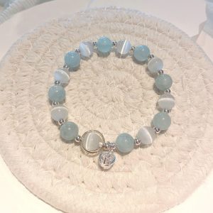 Buddha Stones 925 Sterling Silver Cat's Eye Aquamarine Support Charm Bracelet Bracelet BS 925 Sterling Silver Cat's Eye&Aquamarine