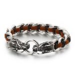 Buddha Stones Dragon Leather Titanium Steel Protection Luck Braided Bracelet Bracelet BS Brown