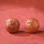 Buddha Stones Natural Peach Wood Chinese Zodiac Fu Character Carved Cinnabar Wealth Bracelet Bracelet BS 21