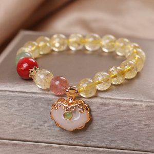 Buddha Stones Natural Citrine White Jade Strawberry Quartz Protection Charm Bracelet Bracelet BS Citrine