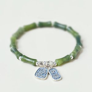 Buddha Stones 925 Sterling Silver Bamboo Jade Lucky Cat Fu Character Luck Abundance Bracelet Bracelet BS 16cm