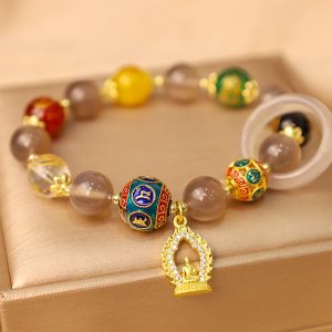 Buddha Stones Natural Gray Agate Five Directions Gods of Wealth Om Mani Padme Hum Buddha Charm Bracelet Bracelet BS Gray Agate(Focus♥Positivity)(Wrist Circumference 14-16cm)