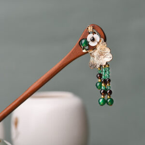 Buddha Stones Red Sandalwood Green Agate Ginkgo Leaf Protection Hairpin Hairpin BS Red Sandalwood (Protection ♥ Calm)