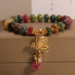 Buddha Stones Colorful Tourmaline Butterfly Charm Wisdom Bracelet Bracelet BS Tourmaline(Positive♥Love)(Wrist Circumference 14-16cm)