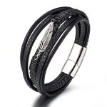 Buddha Stones Feather Pattern Multilayer Leather Titanium Steel Calm Braided Magnetic Buckle Bracelet Bracelet BS Silver 21.5cm