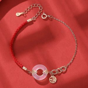 Buddha Stones 925 Sterling Silver Peace Buckle Chalcedony Fu Character Harmony Bracelet Bracelet BS 17+4cm