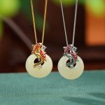 Buddha Stones 925 Sterling Silver Hetian Jade Peace Buckle Koi Fish Luck Necklace Pendant 2