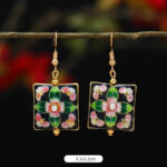 Buddha Stones Lotus Butterfly Flower Alloy Copper Enlightenment Drop Earrings Earrings BS Square Green Flower 3.1*2.2cm