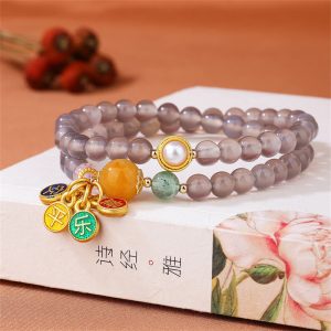 Buddha Stones Natural Gray Agate Peace And Joy Charm Balance Double Wrap Bracelet Bracelet BS Gray Agate(Focus♥Positivity)