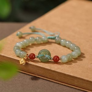 Buddha Stones 925 Sterling Silver Natural Hetian Jade Peace Buckle Red Agate Luck Bracelet Bracelet BS Hetian Jade(Prosperity♥Abundance)