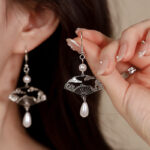 Buddha Stones Copper Fan Auspicious Clouds Pearl Healing Drop Earrings 6