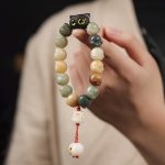 Buddha Stones Natural Bodhi Seed Lovely Paw Ebony Wood Lucky Cat Wisdom Bracelet Bracelet BS 8