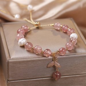 Buddha Stones Strawberry Quartz Rutilated Quartz Fishtail Charm Healing Bracelet Bracelet BS Strawberry Quartz(Wrist Circumference 14-19cm)