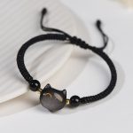 Buddha Stones Handmade Natural Silver Sheen Obsidian Strawberry Quartz Cute Cat Protection Braided Bracelet Bracelet BS 2