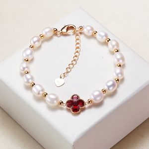 Buddha Stones Pearl Four Leaf Clover Wealth Chain Bracelet Bracelet BS Red Four Leaf Clover