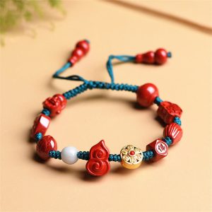 Buddha Stones Natural Cinnabar Gourd Om Mani Padme Hum Laughing Buddha Blessing String Bracelet Bracelet BS Cinnabar(Calm♥Concentration)
